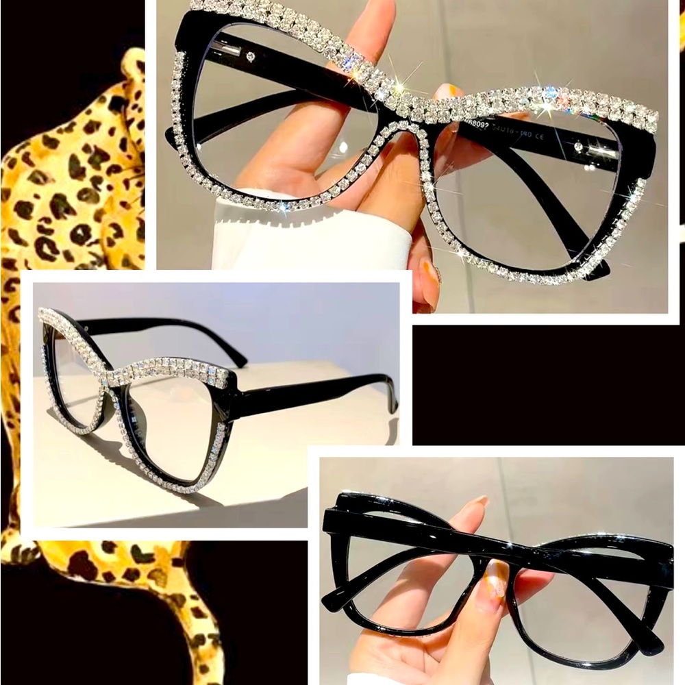 Incredibly stylish computer glasses w/ a lg. cat-eye frame, w/ clear rhinestones